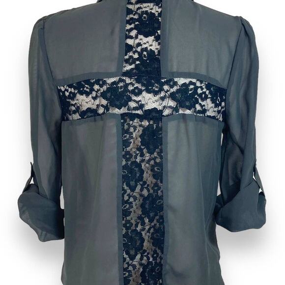 Gray chiffon black lace blouse by Wet Seal, tie front button up roll sleeve top - Picture 5 of 6